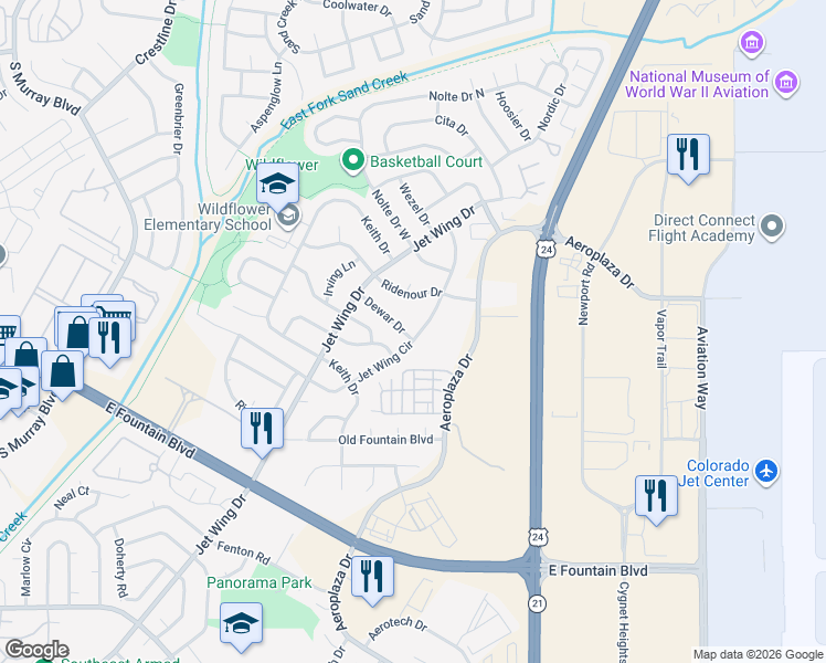 map of restaurants, bars, coffee shops, grocery stores, and more near 1280 Jet Wing Circle in Colorado Springs