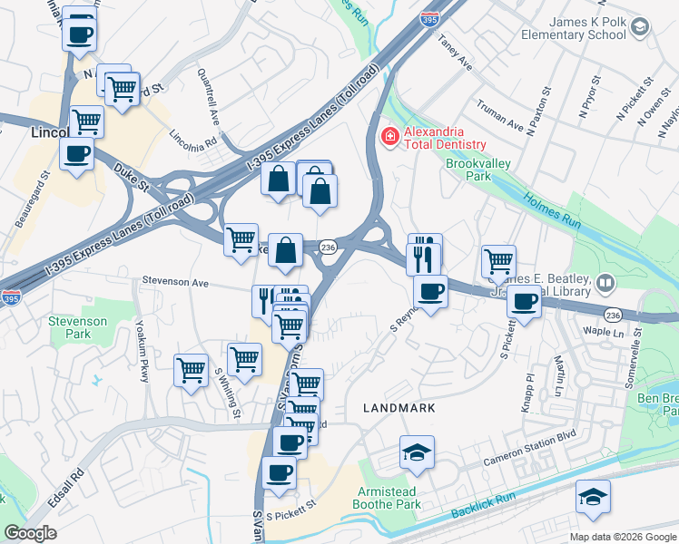 map of restaurants, bars, coffee shops, grocery stores, and more near 250 South Van Dorn Street in Alexandria