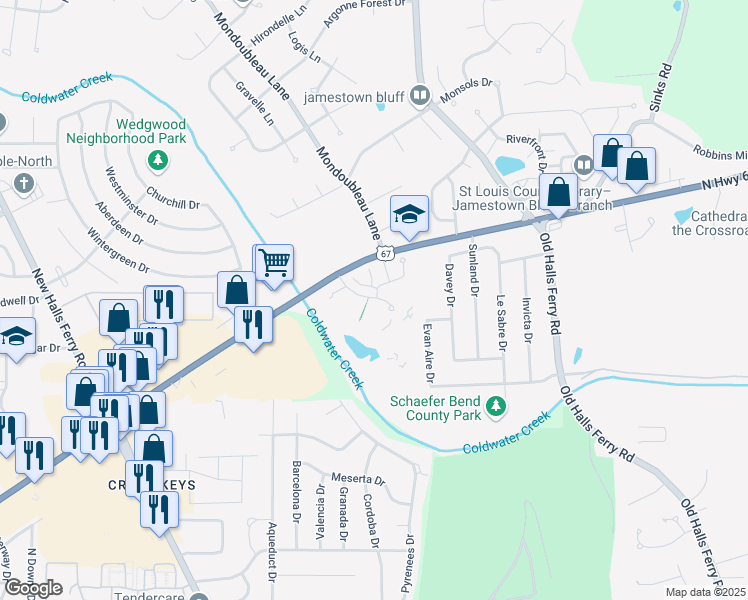 map of restaurants, bars, coffee shops, grocery stores, and more near 14115 Candlewyck Place Court in Florissant