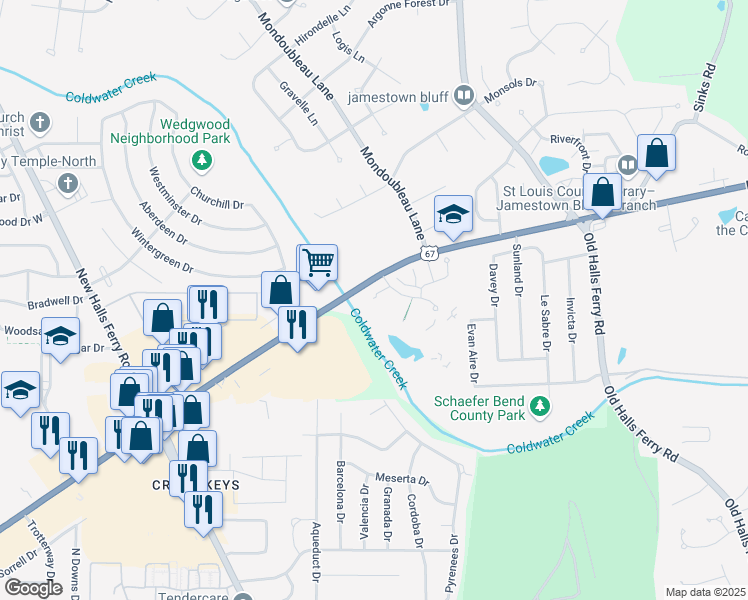map of restaurants, bars, coffee shops, grocery stores, and more near in Old Jamestown