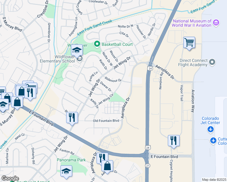 map of restaurants, bars, coffee shops, grocery stores, and more near 1280 Jet Wing Circle in Colorado Springs