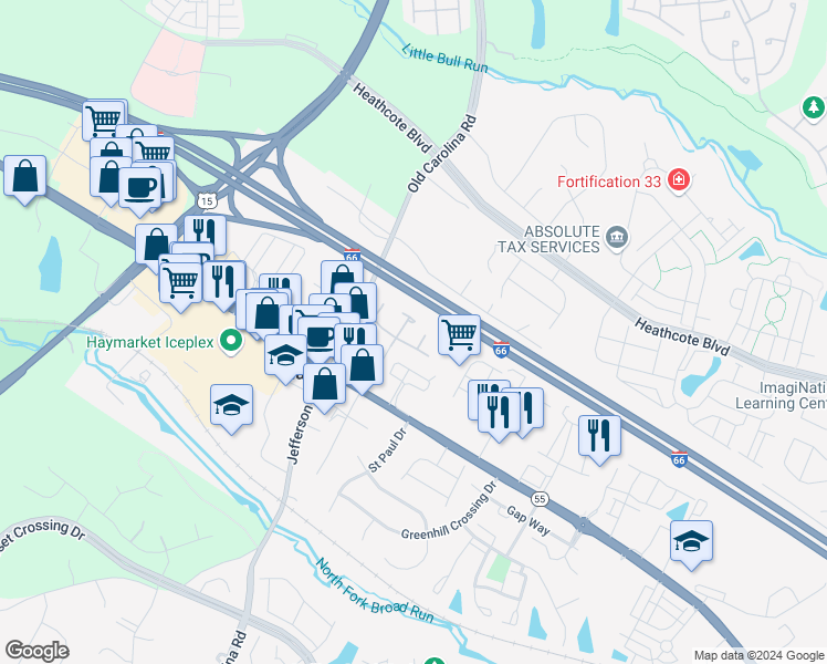 map of restaurants, bars, coffee shops, grocery stores, and more near 6645 Hunting Path Road in Haymarket