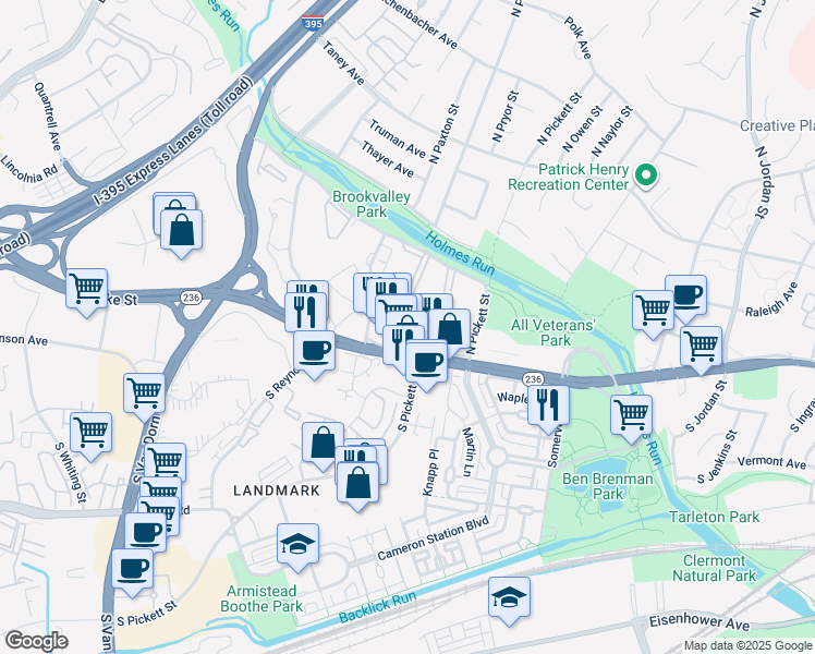 map of restaurants, bars, coffee shops, grocery stores, and more near 7 Canterbury Square in Alexandria