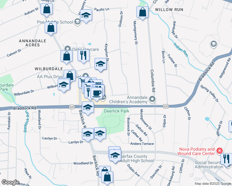 map of restaurants, bars, coffee shops, grocery stores, and more near 6820 Colburn Drive in Annandale