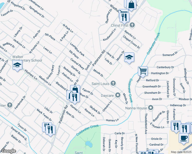 map of restaurants, bars, coffee shops, grocery stores, and more near 555 Versailles Drive in Florissant