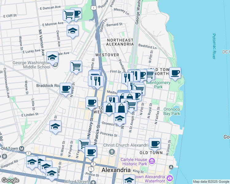 map of restaurants, bars, coffee shops, grocery stores, and more near 827 Madison Street in Alexandria