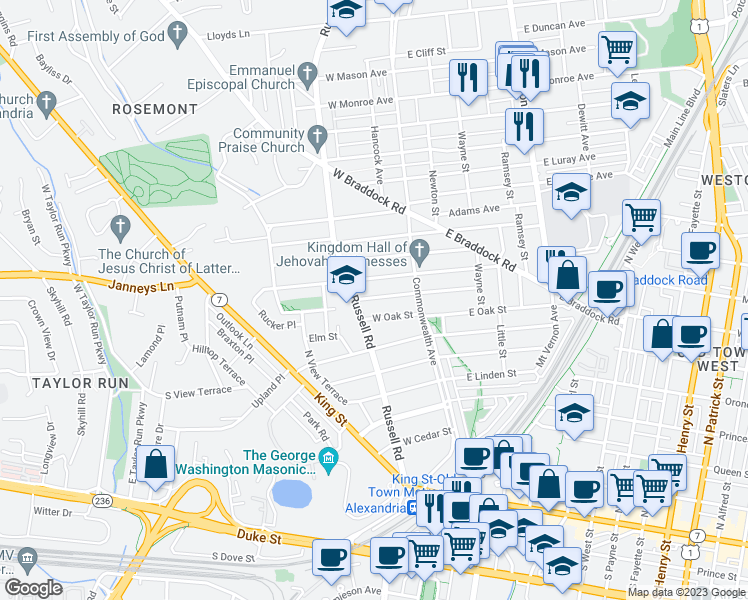 map of restaurants, bars, coffee shops, grocery stores, and more near 22a West Chapman Street in Alexandria