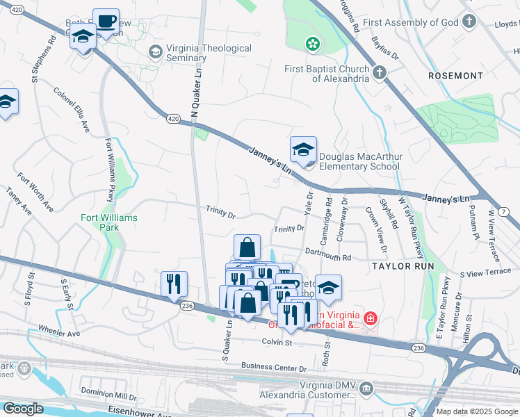 map of restaurants, bars, coffee shops, grocery stores, and more near 1207 Trinity Drive in Alexandria