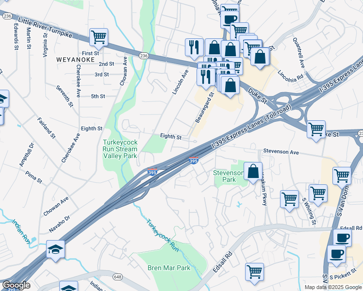 map of restaurants, bars, coffee shops, grocery stores, and more near 5126 Beauregard Street in Alexandria