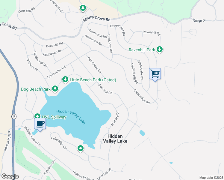 map of restaurants, bars, coffee shops, grocery stores, and more near 18834 Deer Hill Road in Hidden Valley Lake