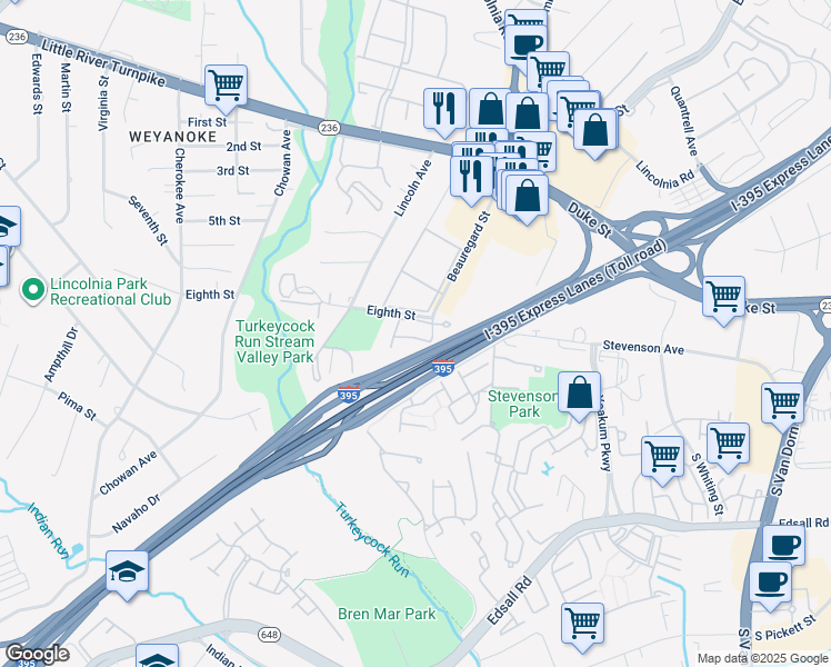 map of restaurants, bars, coffee shops, grocery stores, and more near 5126 Beauregard Street in Alexandria