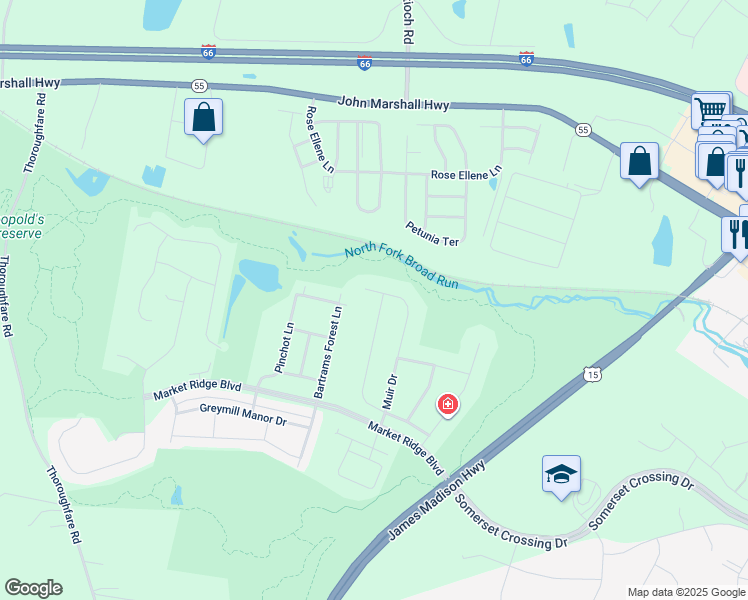 map of restaurants, bars, coffee shops, grocery stores, and more near 15823 Audubon Way in Haymarket
