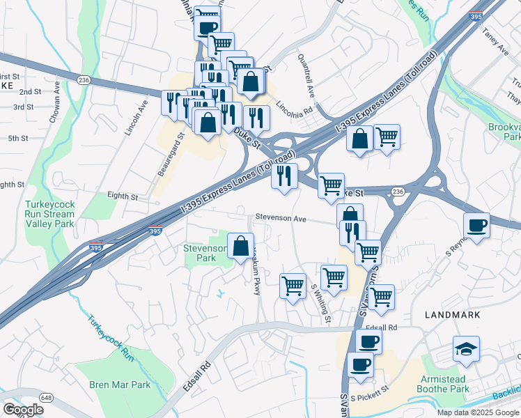 map of restaurants, bars, coffee shops, grocery stores, and more near 6125 Stevenson Avenue in Alexandria
