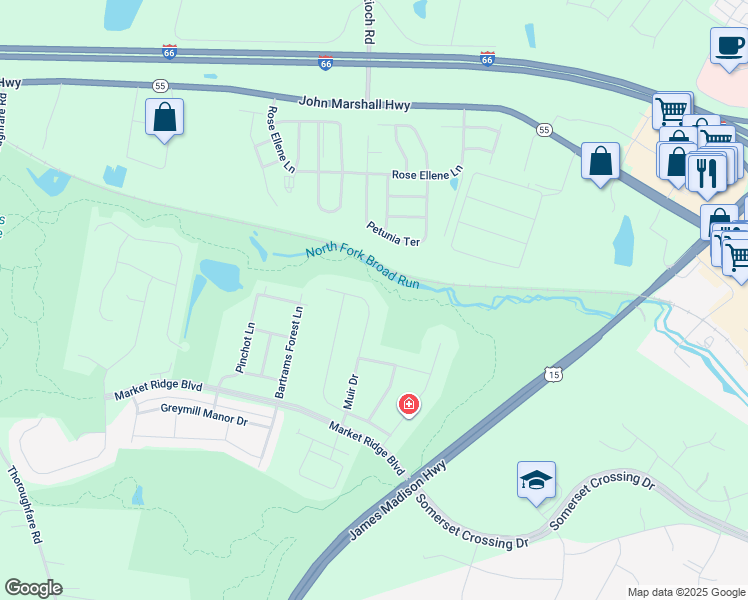 map of restaurants, bars, coffee shops, grocery stores, and more near 6634 Muir Drive in Haymarket