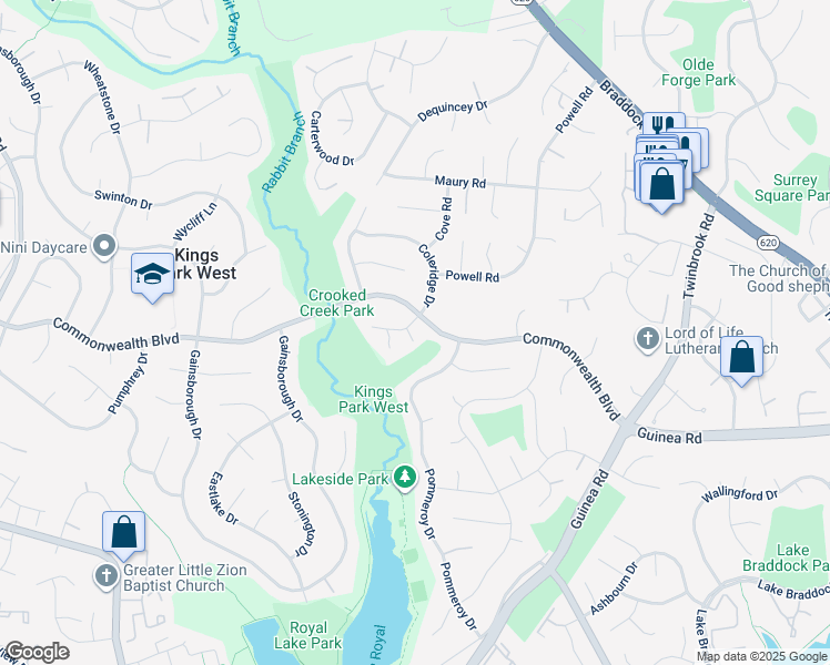 map of restaurants, bars, coffee shops, grocery stores, and more near 5103 Coleridge Drive in Fairfax