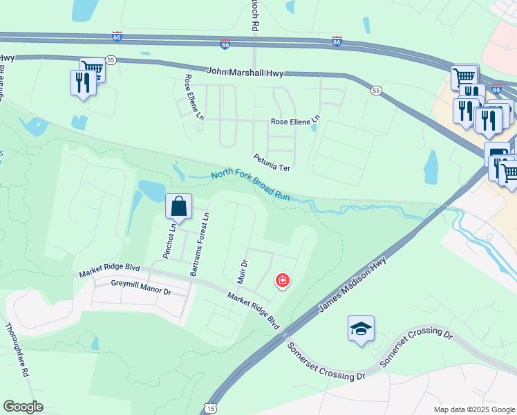 map of restaurants, bars, coffee shops, grocery stores, and more near 6634 Muir Drive in Haymarket