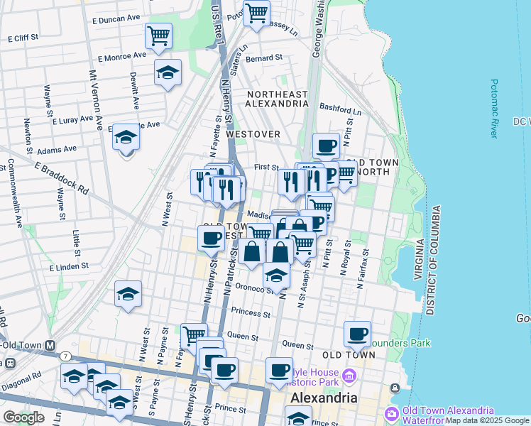 map of restaurants, bars, coffee shops, grocery stores, and more near 827 Madison Street in Alexandria