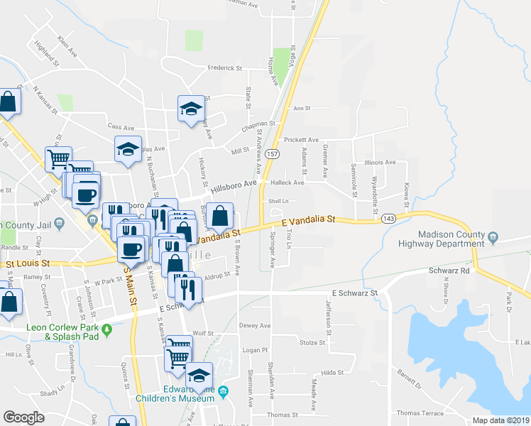 map of restaurants, bars, coffee shops, grocery stores, and more near 4 Saint Andrews Avenue in Edwardsville
