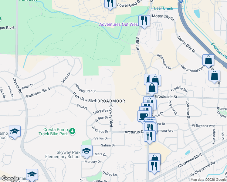 map of restaurants, bars, coffee shops, grocery stores, and more near 809 Skyway Boulevard in Colorado Springs