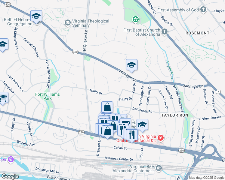 map of restaurants, bars, coffee shops, grocery stores, and more near 1207 Trinity Drive in Alexandria
