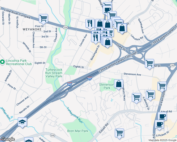 map of restaurants, bars, coffee shops, grocery stores, and more near 5105 Beauregard Street in Alexandria