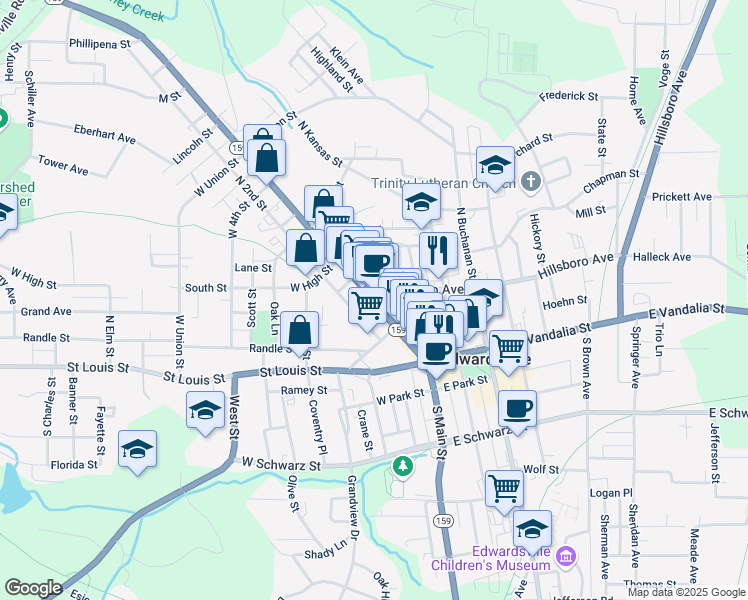 map of restaurants, bars, coffee shops, grocery stores, and more near 228 North Main Street in Edwardsville