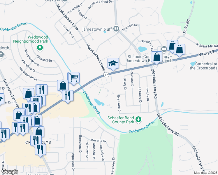map of restaurants, bars, coffee shops, grocery stores, and more near 3626 Candlewyck Green Court in Florissant