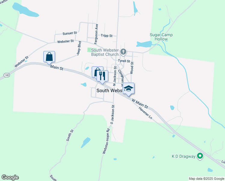 map of restaurants, bars, coffee shops, grocery stores, and more near South Street in South Webster