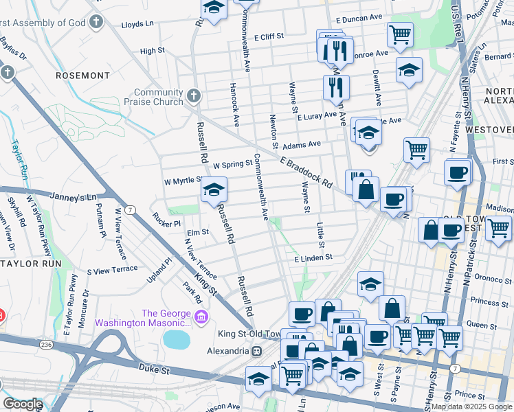 map of restaurants, bars, coffee shops, grocery stores, and more near 4 West Chapman Street in Alexandria