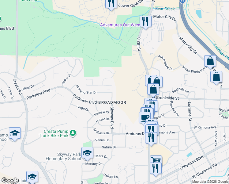 map of restaurants, bars, coffee shops, grocery stores, and more near 809 Skyway Boulevard in Colorado Springs