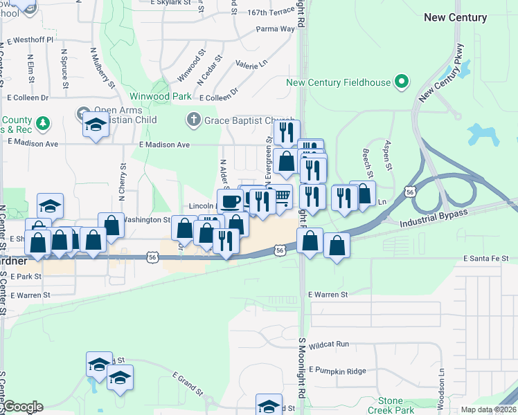 map of restaurants, bars, coffee shops, grocery stores, and more near 237 North Evergreen Street in Gardner