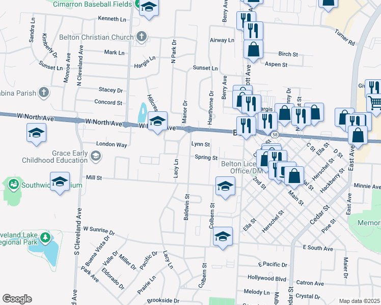 map of restaurants, bars, coffee shops, grocery stores, and more near 107 Baldwin Street in Belton