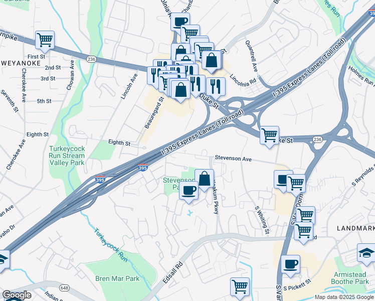 map of restaurants, bars, coffee shops, grocery stores, and more near 6335 Stevenson Avenue in Alexandria