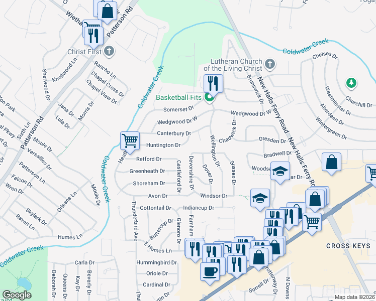 map of restaurants, bars, coffee shops, grocery stores, and more near 2170 Huntington Drive in Florissant