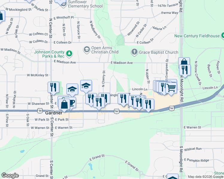 map of restaurants, bars, coffee shops, grocery stores, and more near 215 North Maple Street in Gardner