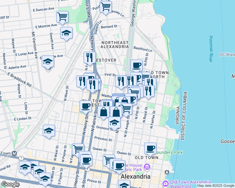 map of restaurants, bars, coffee shops, grocery stores, and more near 811 North Columbus Street in Alexandria