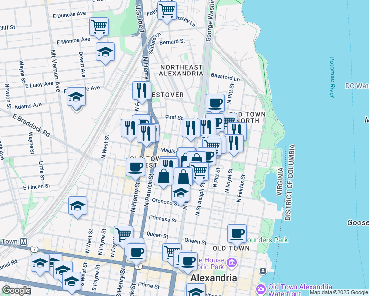 map of restaurants, bars, coffee shops, grocery stores, and more near 811 North Columbus Street in Alexandria