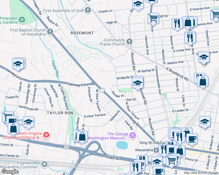 map of restaurants, bars, coffee shops, grocery stores, and more near 411 West Masonic View Avenue in Alexandria