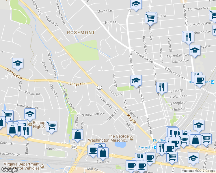 map of restaurants, bars, coffee shops, grocery stores, and more near 411 West Masonic View Avenue in Alexandria