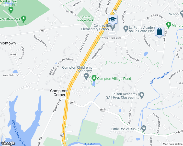 map of restaurants, bars, coffee shops, grocery stores, and more near 14317 Flomation Court in Centreville