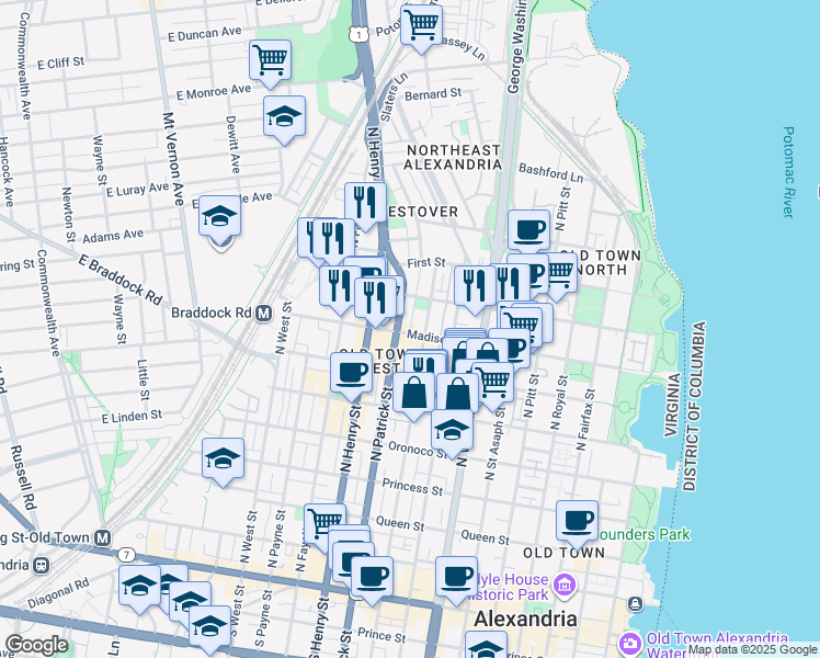 map of restaurants, bars, coffee shops, grocery stores, and more near 911 Parker Gray School Way in Alexandria