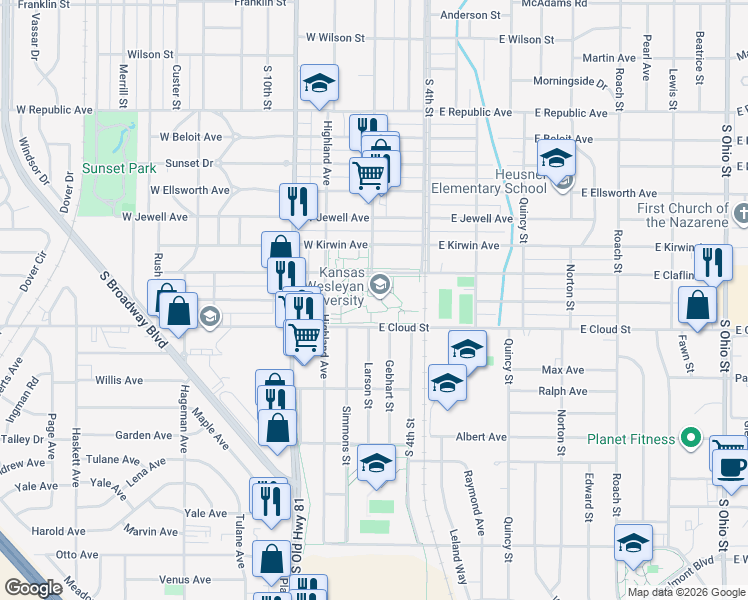 map of restaurants, bars, coffee shops, grocery stores, and more near 100 East Claflin Avenue in Salina