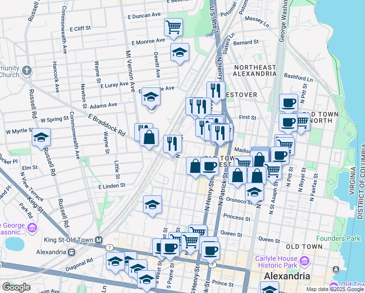 map of restaurants, bars, coffee shops, grocery stores, and more near 727 North West Street in Alexandria