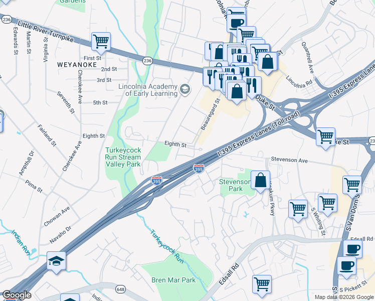 map of restaurants, bars, coffee shops, grocery stores, and more near 6347 Battlement Way in Alexandria