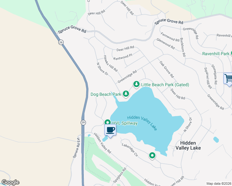 map of restaurants, bars, coffee shops, grocery stores, and more near 18357 North Shore Drive in Hidden Valley Lake