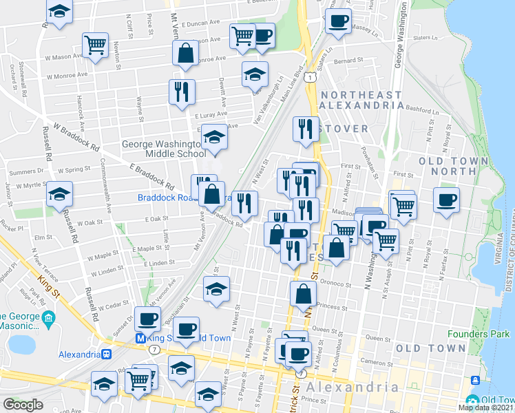 map of restaurants, bars, coffee shops, grocery stores, and more near 727 North West Street in Alexandria