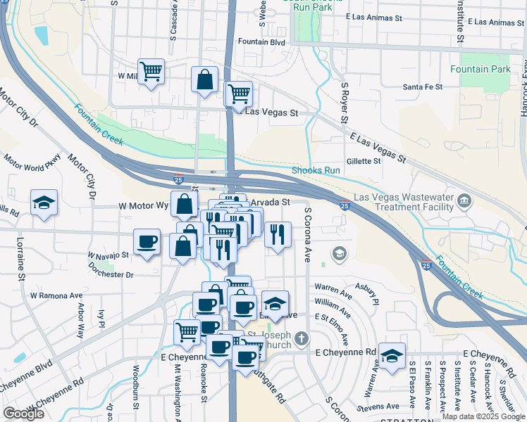map of restaurants, bars, coffee shops, grocery stores, and more near 307 East Arvada Street in Colorado Springs