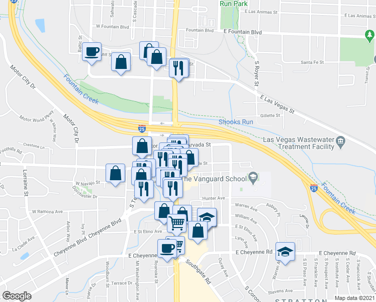 map of restaurants, bars, coffee shops, grocery stores, and more near 1331 South Nevada Avenue in Colorado Springs