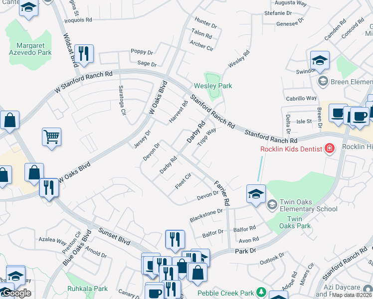 map of restaurants, bars, coffee shops, grocery stores, and more near 5634 Darby Road in Rocklin