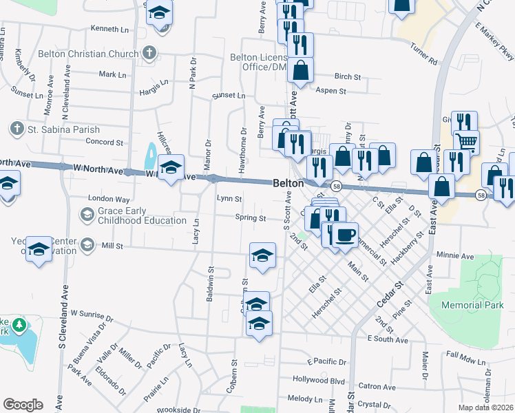 map of restaurants, bars, coffee shops, grocery stores, and more near 107 Spring Court in Belton